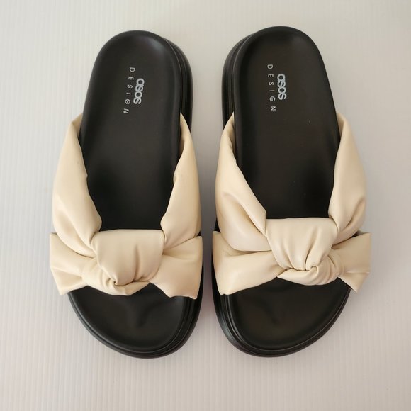 Asos Design Chunky Sandals Light Beige / Cream Slides Knot Top Size 8 Womens - Picture 7 of 9